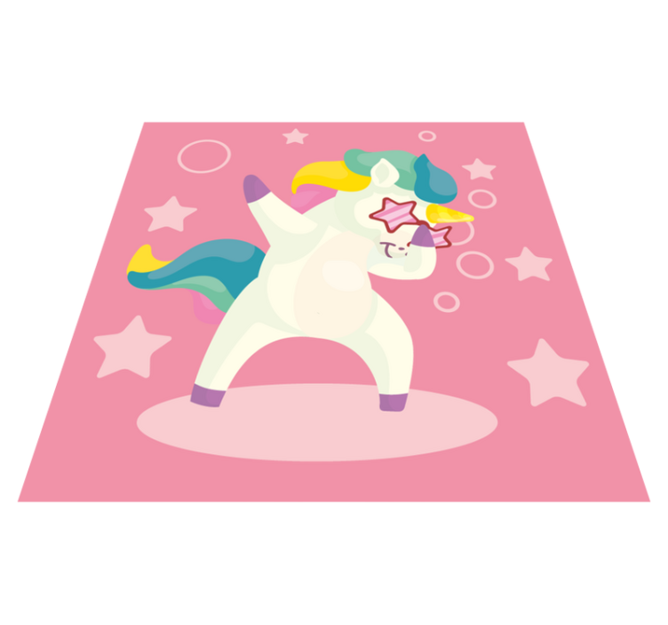 white dabbing unicorn with boom text animal rug - TenStickers