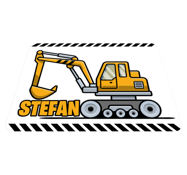 Yellow cartoon excavator  name kids vinyl rug - TenStickers