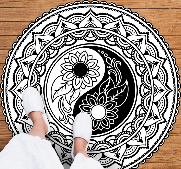 Black and white ying and yang mandala vinyl rug - TenStickers