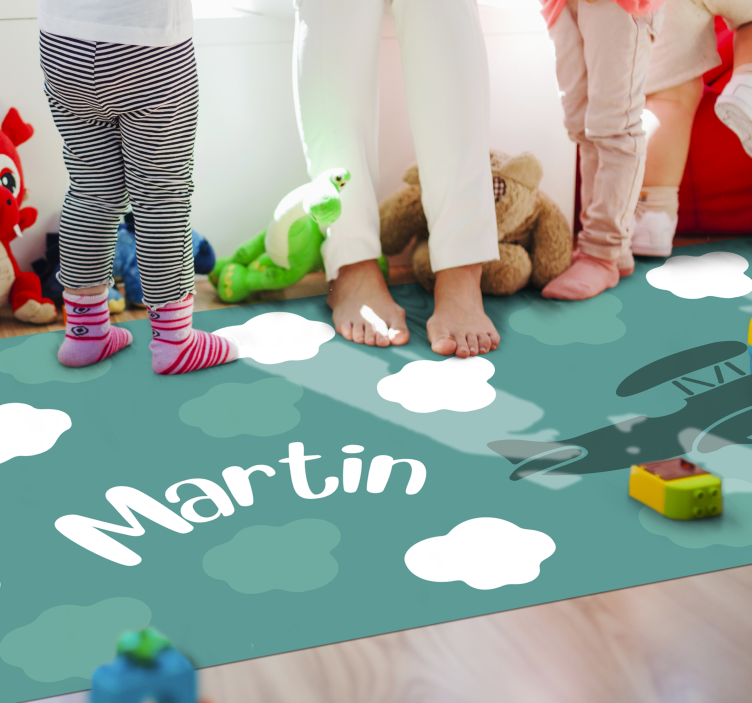 Clouds and airplane with name kids vinyl rug - TenStickers