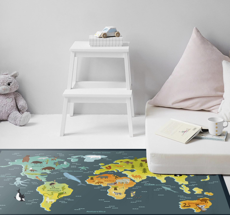Colourful animal design world map vinyl rug - TenStickers