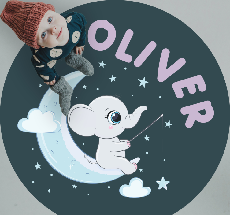 Elephant on the moon with name nursery vinyl rug - TenStickers