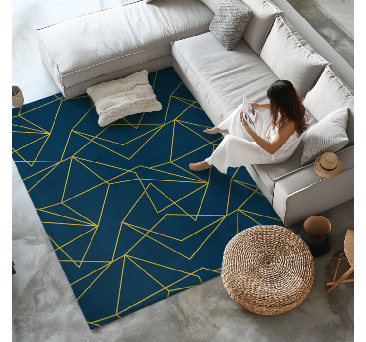 Geometric gold lines blue vinyl rug - TenStickers
