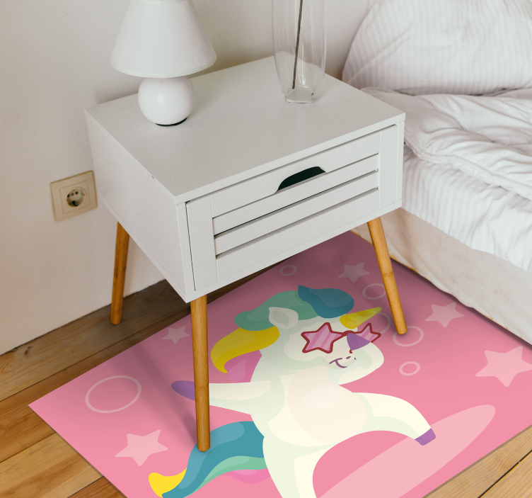 white dabbing unicorn with boom text animal rug - TenStickers