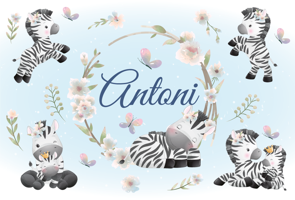 Animal vinyl rug featuring baby zebras with name - TenStickers
