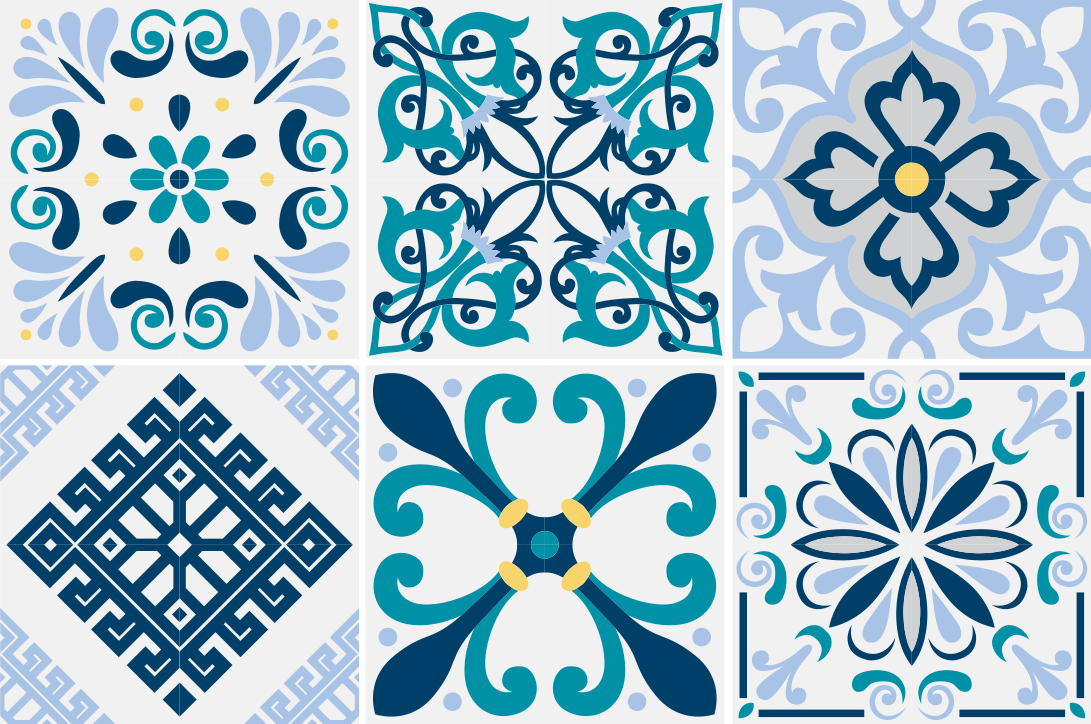 Kitchen vinyl rug with blue floral tiles design - TenStickers