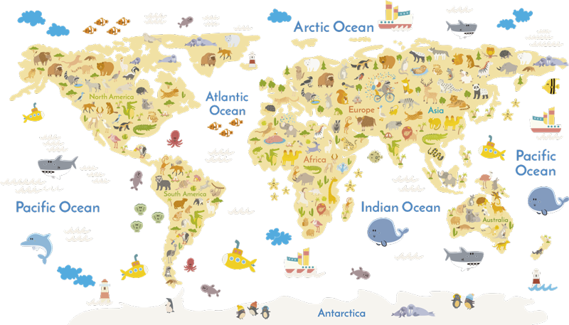 World map vinyl rug with animal designs - TenStickers