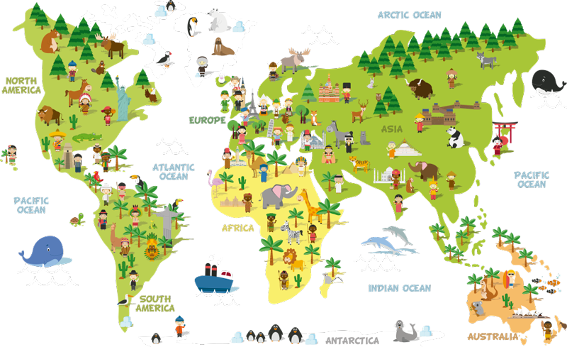 World map vinyl rug with people illustrations - TenStickers