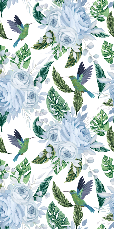 Kitchen vinyl rug with blue garden flowers and birds - TenStickers