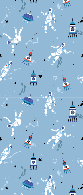 Astronauts and spaceships on blue bedroom vinyl rug - TenStickers