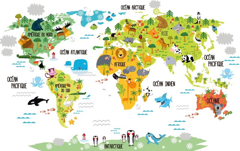 World map vinyl rug with animal designs for kids - TenStickers