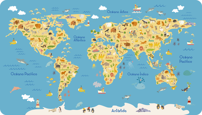 World map vinyl rug with animal illustrations - TenStickers