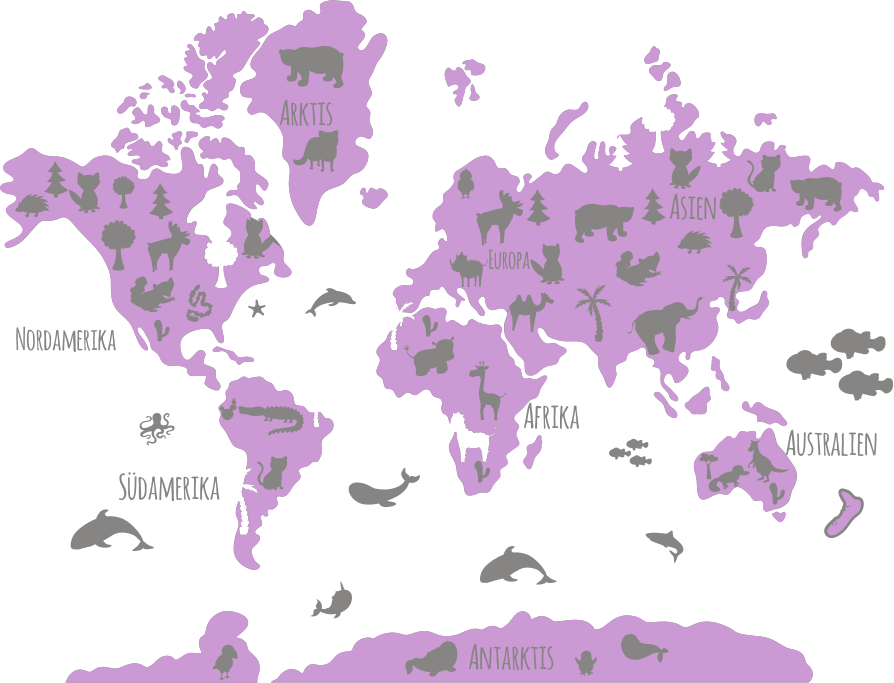World map vinyl rug pink grey abstract continents animals - TenStickers