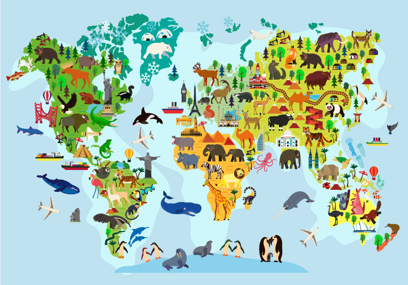 Children's world map vinyl rug with landmarks and animals - TenStickers