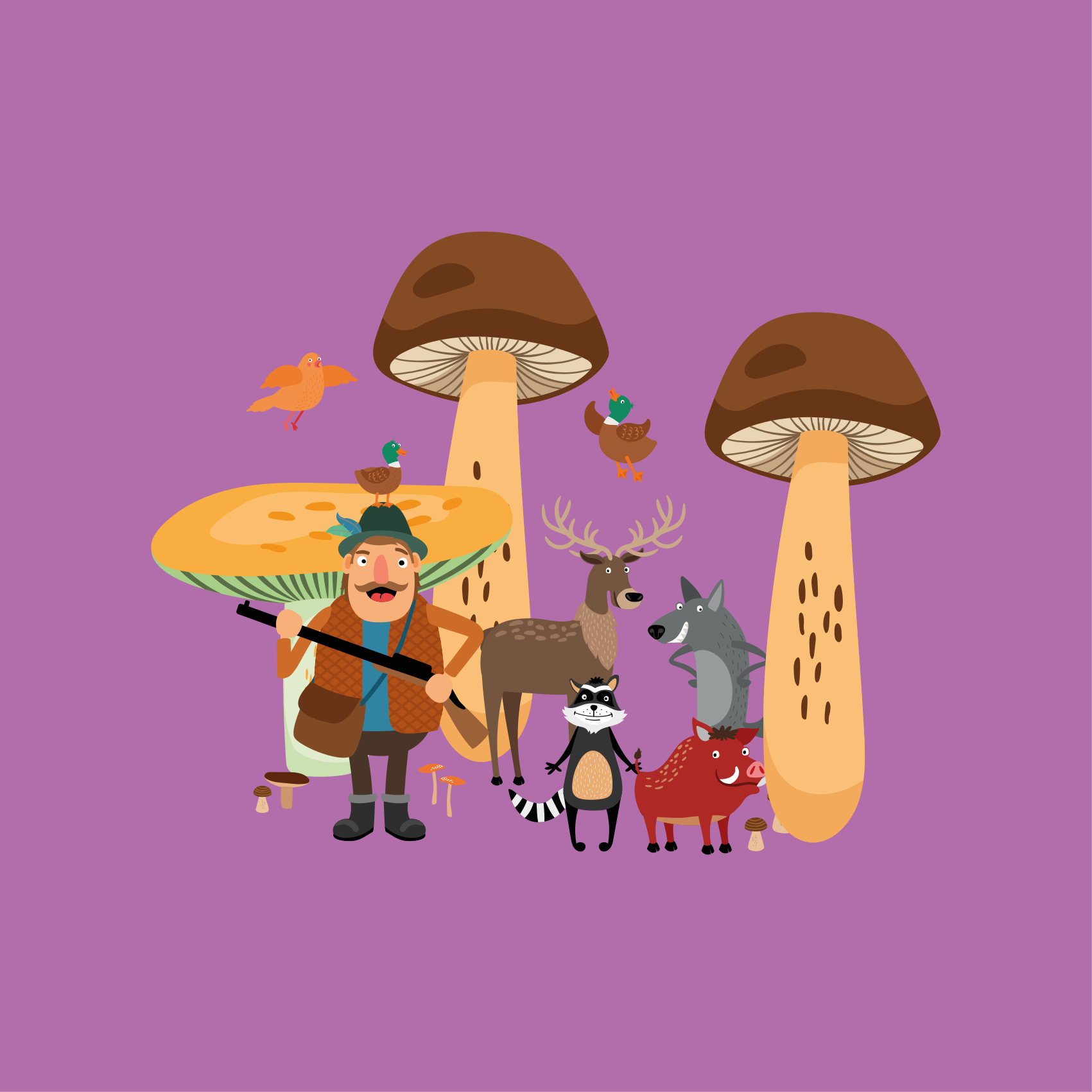 Kids vinyl rug birds in mushroom forest - TenStickers