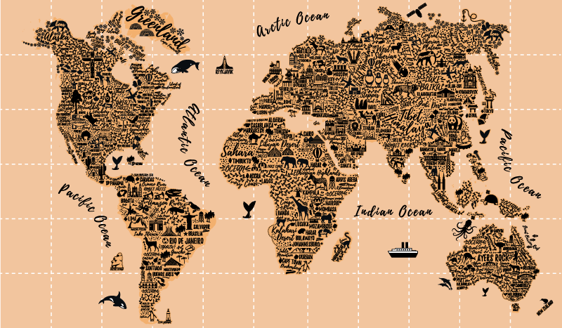 World map vinyl rug featuring global cities - TenStickers