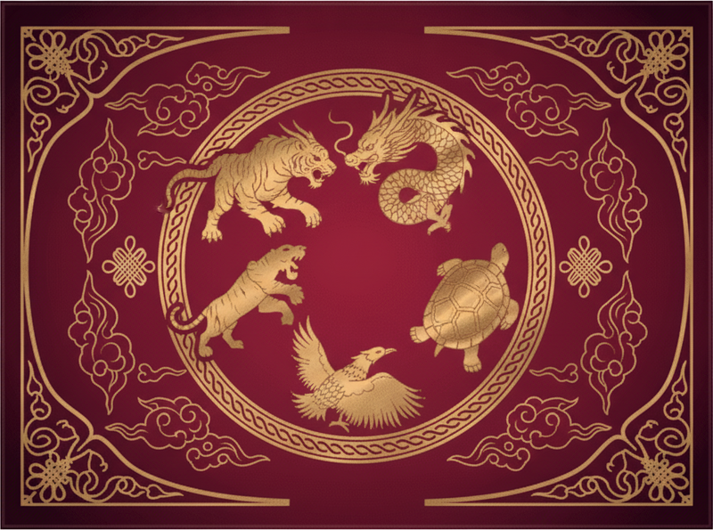 Red vinyl rug featuring the four symbols dragon tiger - TenStickers