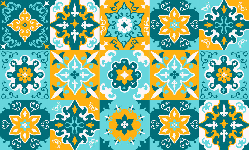 Yellow and light blue tiles vinyl bedroom rug - TenStickers