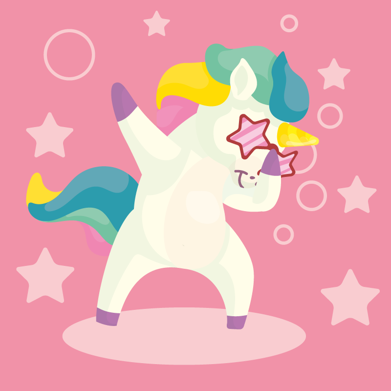 white dabbing unicorn with boom text animal rug - TenStickers