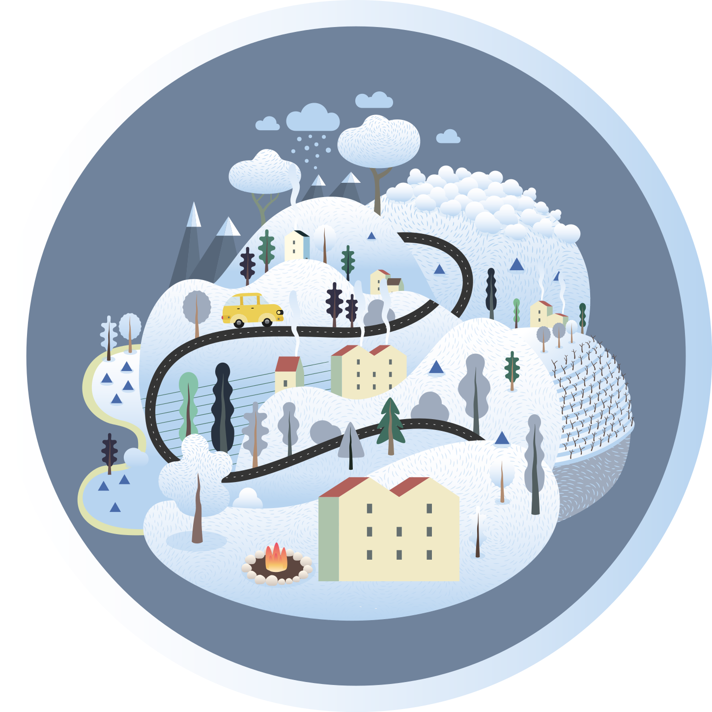 Grey village with mountains  kids vinyl rug - TenStickers