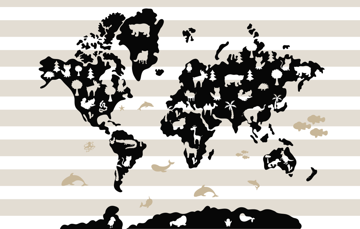 Black with gold color fishes world map rug - TenStickers
