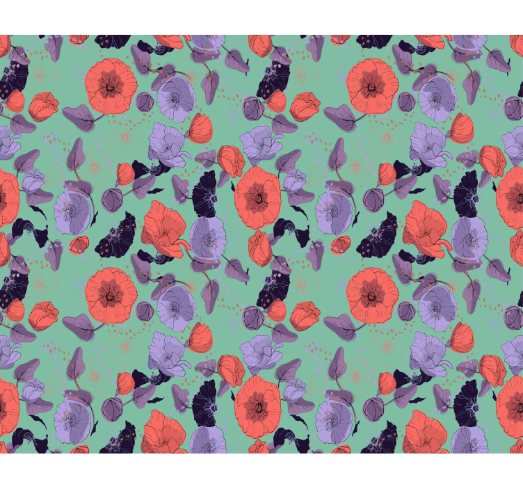 Flowers wallpaper blue and red poppies design - TenStickers