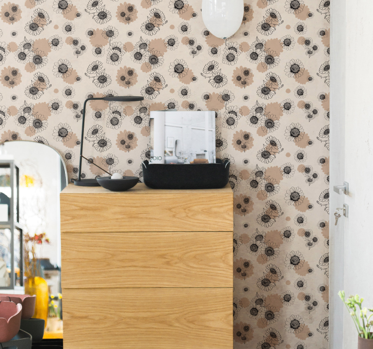 Beige Wallpaper hand drawing vintage daisies - TenStickers