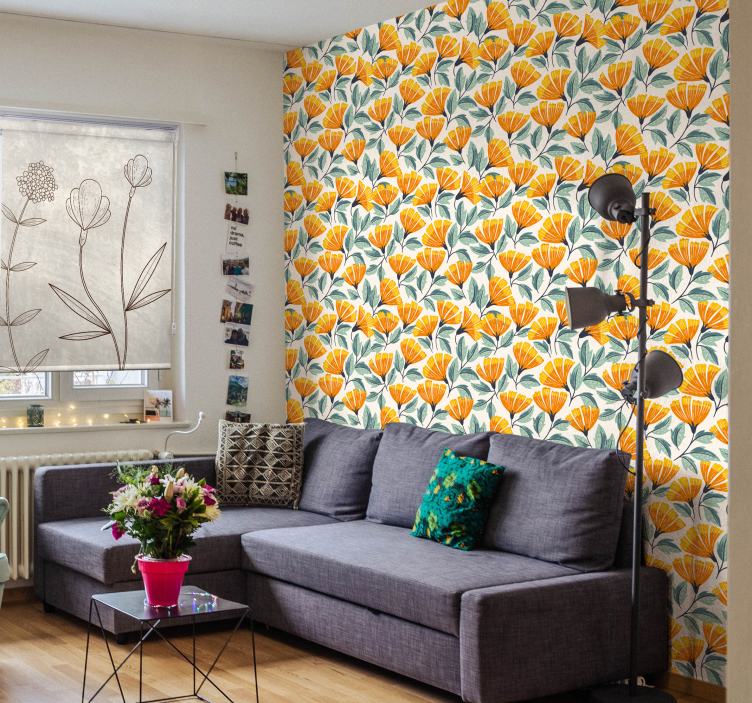 Ginkgo Floral Pattern living area wallpaper - TenStickers