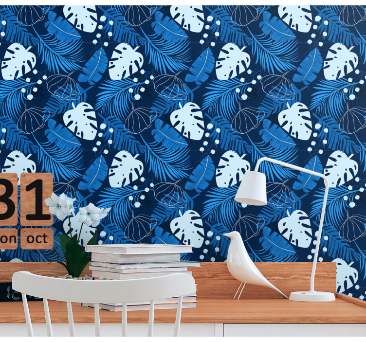 Blue leaves living room wallpaper - TenStickers