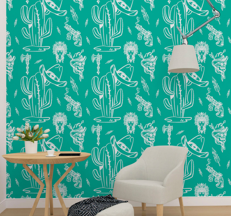 Cactus Cowboy Pattern contemporary wallpaper - TenStickers