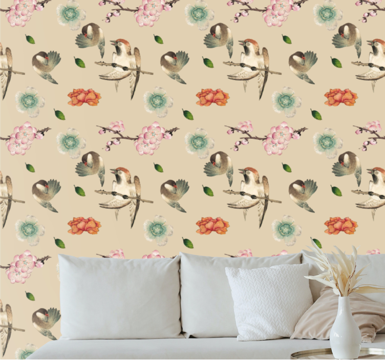 Charming Bird Blooms flowers wallpaper - TenStickers