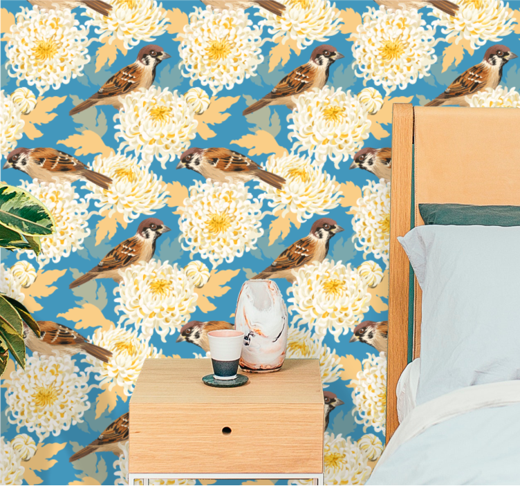 Chrysanthemum Sparrows birds in wallpaper - TenStickers