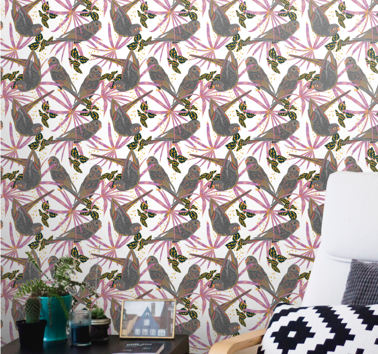 Colorful Leaves birds in wallpaper - TenStickers