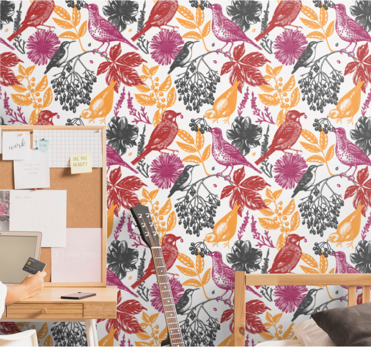 Colorful Flowers and Leaves birds in wallpaper - TenStickers