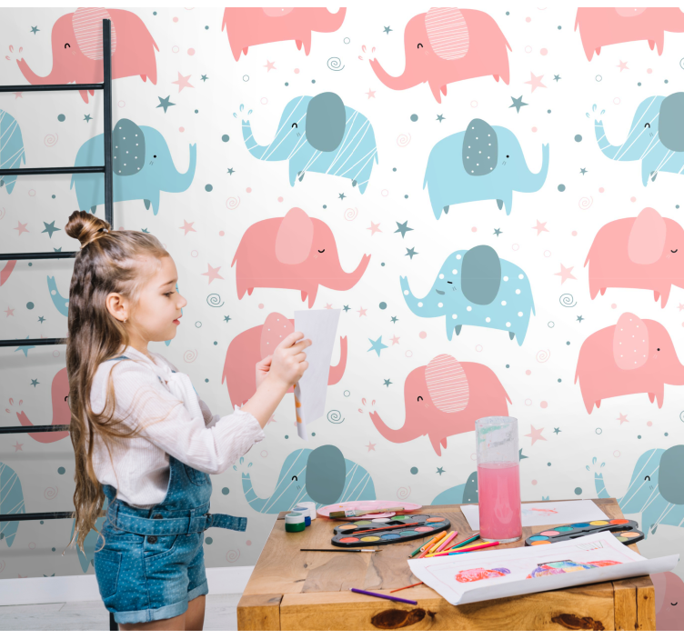Elephant pink and blue children wallpaper - TenStickers