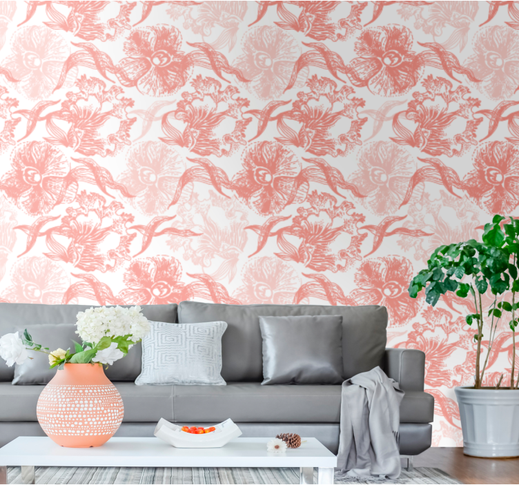 Engraving pink orchid Living Room Wallpaper - TenStickers