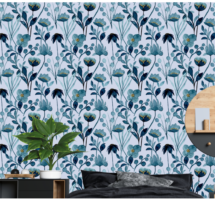 Watercolor blue pattern flower wallpaper - TenStickers