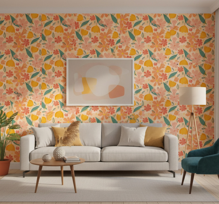 Flowers wallpaper with colorful vintage leaves and flowers - TenStickers