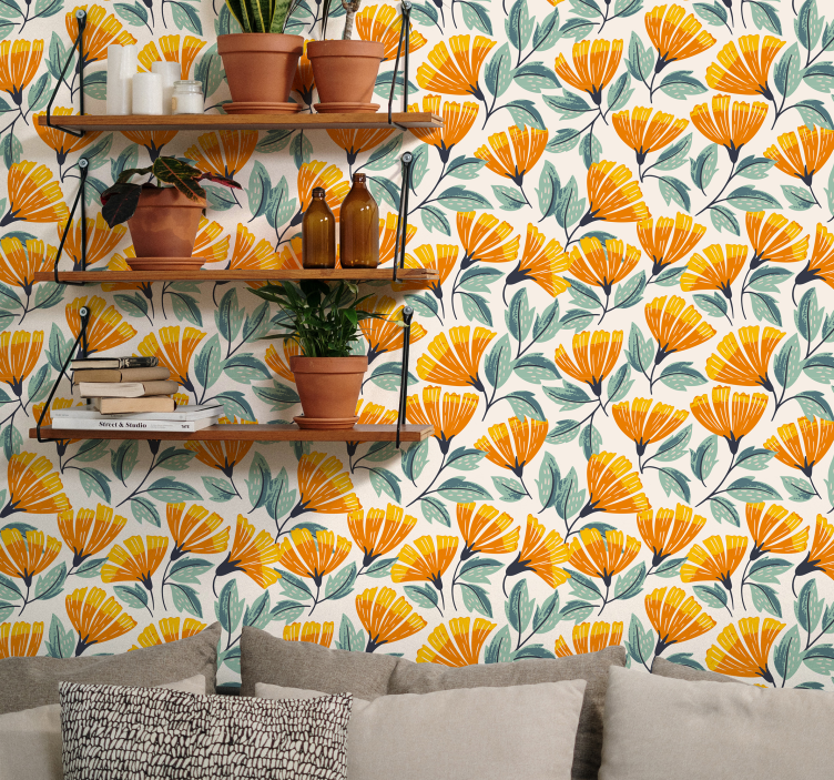 Ginkgo Floral Pattern living area wallpaper - TenStickers