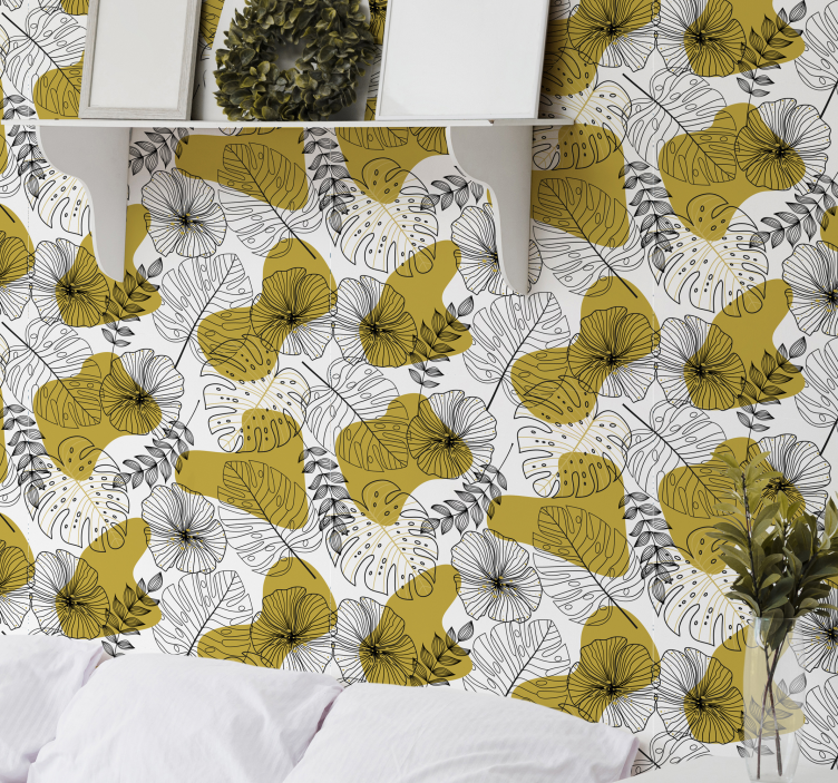 Golden tropical leaves tree wallpaper - TenStickers