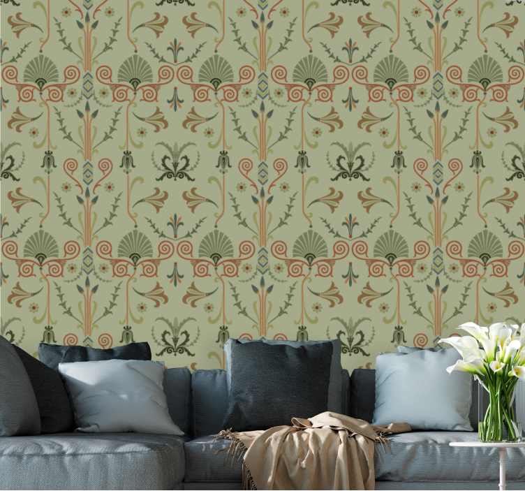 Green classic pattern with flowers wallpaper - TenStickers