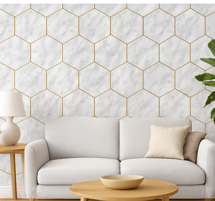 Hexagonal marble tile living area wallpaper - TenStickers
