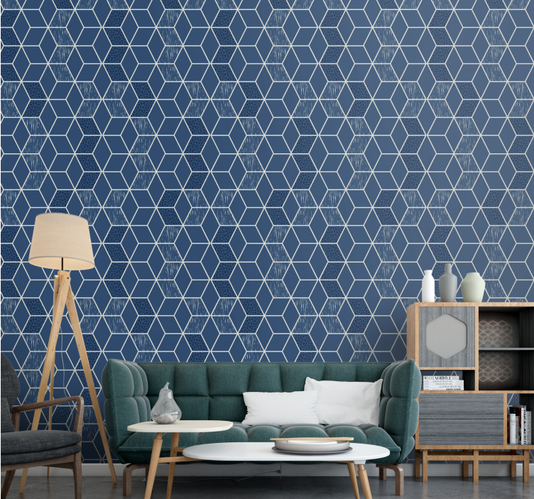 Blue honeycomb shape living area wallpaper - TenStickers