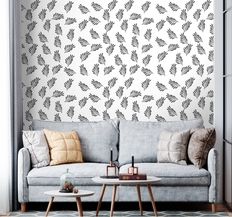Black and white simple pattern leaves wallpaper - TenStickers