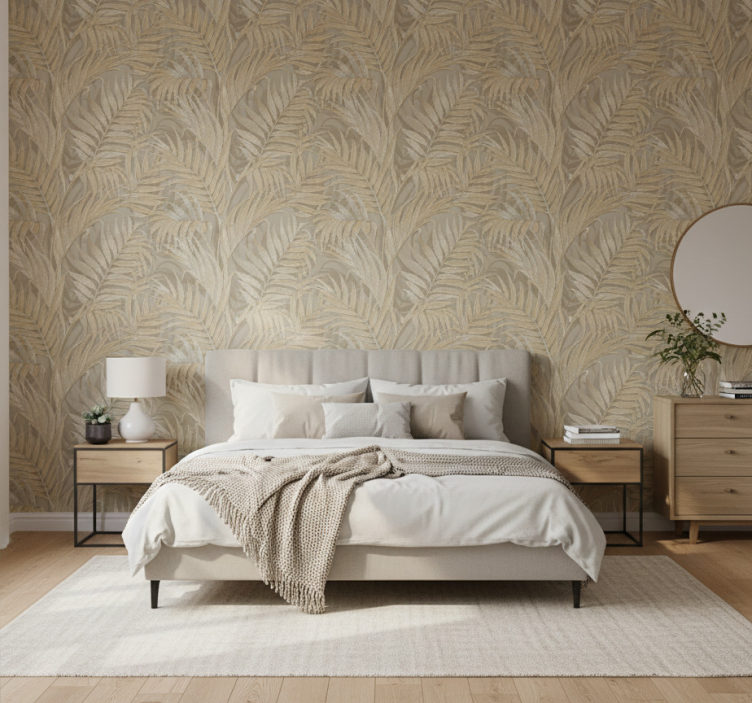 Leaves wallpaper with beige palm texture - TenStickers