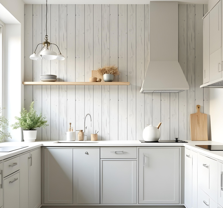 Light grey wood panels kitchen wallpaper - TenStickers