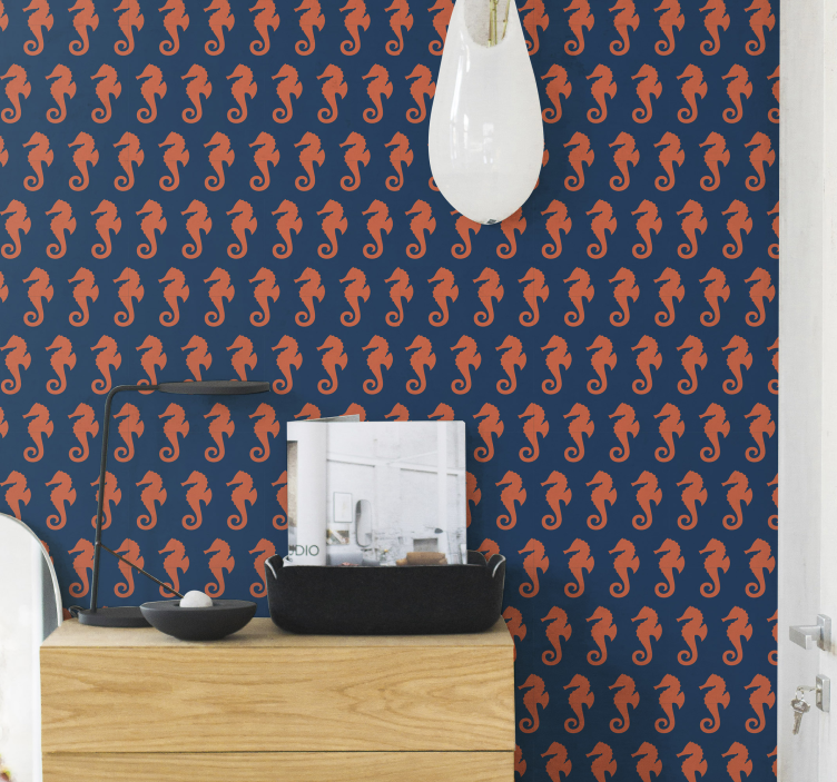 Orange Sea Horse Pattern Sea life wallpaper - TenStickers