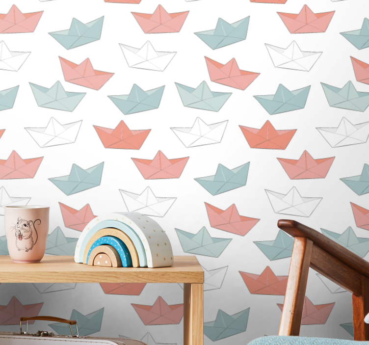 Origami boat pattern wallpaper childrens room - TenStickers