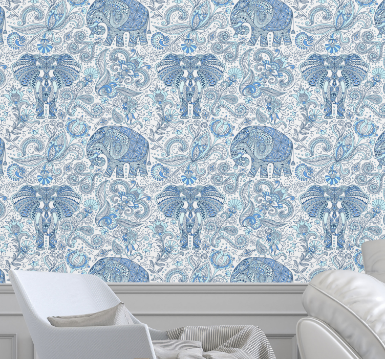 Ornamental elephants blue animal wallpaper - TenStickers