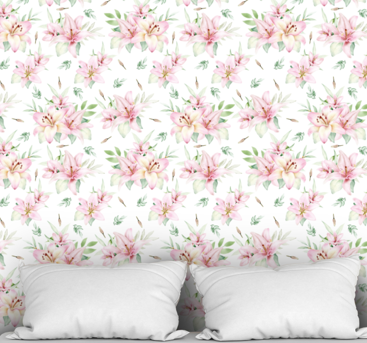 Pink watercolor lilies floral design wallpaper - TenStickers
